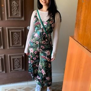 ASOS/ Flamingo Pink and Green Tropical Floral Tie Up Strappy Midi Jumpsuit